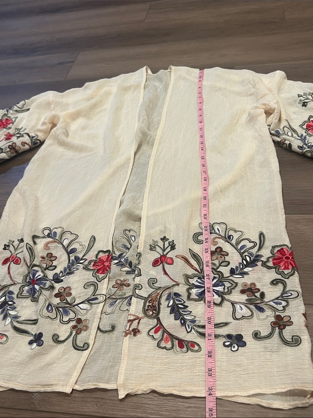 Cream Sheer Floral Embroidered Open-Front Women's Kimono Coverup Boho Beach - Picture 5 of 11